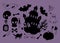 Halloween doodles. Creepy mystical house with bat and cobweb, rum, black cat, bones, skull, bones, pumpkin and ghost