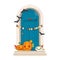 Halloween Door Decorations. Blue front door with Halloween decor