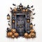 Halloween door entrance with pumpkins and Halloween decorations. Generative AI