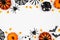 Halloween double border flat lay of pumpkins, candy and decor, over a white background