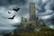 Halloween Dramatic Sky Spooky Castle Bats Background