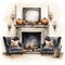 Halloween Drawing: Atmospheric Watercolor Of Pumpkins In Front Of Fireplace