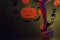 Halloween dresses and witch costumes and witch hats. Happy halloween. Happy smiling woman on Halloween background. Happy