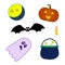 Halloween elements collection o f 6 elements: pumpkin, bat,ghost, moon, boiling cauldron with witches potion and candle.