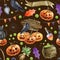 Halloween elements spooky seamless pattern. Watercolor illustration. Hand drawn halloween scary elements, pumpkins