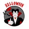 Halloween emblem. Dracula winks and shows thumb up. Merry scary