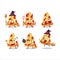 Halloween expression emoticons with cartoon character of slice of tomato cheese pizza