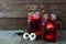Halloween eyeball fruit punch in mason jars against old wood