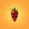 Halloween face on ripe strawberry on bright background. Halloween minimal concept