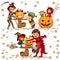 Halloween family colorful set vector illustration. Mother and father with children dressed in mystery costumes of dragon