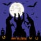 Halloween feast. Black three witches perform magic rite, boiled