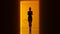 Halloween Female Devil with Tail and Horns Demon Woman in a Orange Corridor with a Polished Floor Creepy Woman Evil