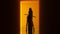 Halloween Female Samurai Assassin Demon Woman in a Orange Corridor with a Polished Floor Creepy Woman Evil Figure