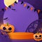 Halloween festival background design with 3d Podium round, square box stage podium ghost, pumpkin, bat, lamp, gravestone, moon, ni