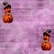 Halloween festival celebration background with purple wooden planks spider webs and carved pumpkins wearing a witch hat