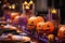 Halloween festive table setting with autumnal decor for party