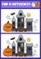 Halloween find differences game for children. Attention skills activity with cute haunted house, pumpkin, bat, ghost. Puzzle for
