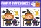 Halloween find differences game for children. Attention skills activity with cute witch, black cat, moon and broom. Puzzle for