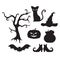 Halloween flat elements symbol. Scary cat, tree, hat, witch pot, broom, bat and shoes silhouette. Pumpkin jack lantern