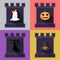 Halloween flat icons set. Pumpkin,ghost, hat, black cat in castle