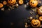 Halloween flat lay composition with pumpkins, bats, spiders, web on black background. Top view. AI generated