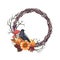 Halloween floral wreath. Watercolor illustration. Hand drawn spooky round decor with black raven, pumpkin, toadstool