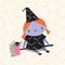 Halloween flying little witch with spider . Girl kid in halloween costume flying . Retro vintage. Isolated.