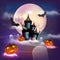 Halloween full moon background with haunted house, lighted Jack-O-Lantern in Graveyard for festival concept.