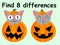 Halloween funny cats find 8 differences children game stock vector illustration