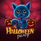 Halloween funny characters. Black cat with big eyes and glowing pumpkin. Invitation card for party and sale. Autumn holidays. Vect