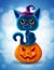 Halloween funny characters. Black cat with big eyes and glowing pumpkin. Invitation card for party and sale. Autumn holidays. Vect