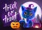 Halloween funny characters. Black cat with big eyes and glowing pumpkin. Invitation card for party and sale. Autumn holidays. Vect