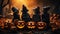 Halloween Funny kids in witch costumes. Children and pumpkins in a spooky night forest mysterious darkness and scary scene