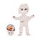 Halloween funny monster mummy with a bucket of candy. Kids costume party. Cute childish illustration of magic character