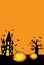 Halloween funny pumpkins, spooky castle, bats, on an orange background