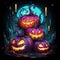 Halloween garden with pumpkin lanterns and a big moon