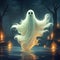 Halloween ghost illusrtation. Creepy costume in night scene. Holiday spooky nightmare, mysterious scary spirit in