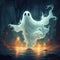 Halloween ghost illusrtation. Creepy costume in night scene. Holiday spooky nightmare, mysterious scary spirit in