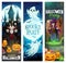Halloween ghost, pumpkins, bats, witch and vampire
