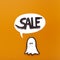 Halloween ghost saying word in speech bubble on orange