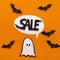 Halloween ghost and speech bubble with text on orange