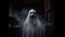 Halloween ghost in spooky empty house, dark mysterious background. AI generated.