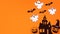 Halloween ghosts and bats move above the creepy house on right side of orange theme. Stop motion