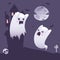 Halloween ghosts outside a haunted old castle at night, cartoon style vector illustration. Ghost parent teaches ghost