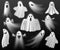 Halloween ghosts. Scary creature, white curtain spooks, realistic phantoms, dead souls characters in fabric capes all