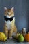 Halloween ginger cat with evil hat laying down with skeleton and pumpkins on gray background