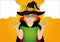 Halloween. Girl in hat and witch costume Gesture of hands up on