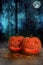 Halloween glowing pumpkins with fog