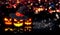Halloween Glowing Three Pumpkins Night City Bokeh Background 3D