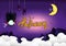 Halloween, good night greeting card, vampire and bats sleeping with moon on sky cartoon puppet characters, poster pink and purple